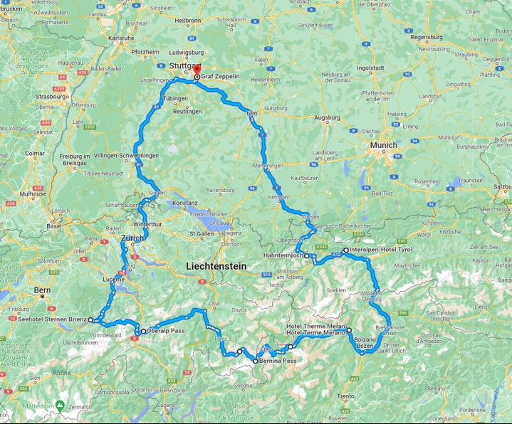 driving route map for twelve alpine passes