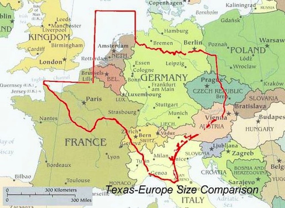 Comparing size of Texas to Germany on map